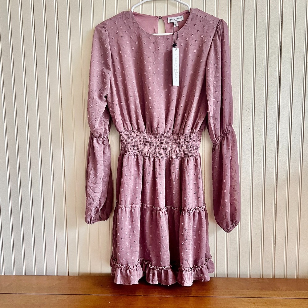 Koko‎ + Mason Mauve Swiss Dot Smocked Waist Tiered Mini Dress Small NEW